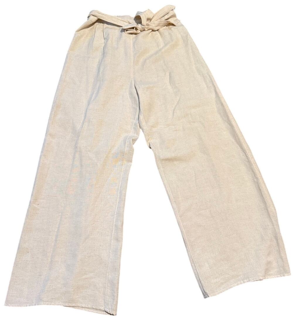 Japna Wide Leg Flax Linen Blend Pants, Cream High Waist Tie Belt, Women's Large